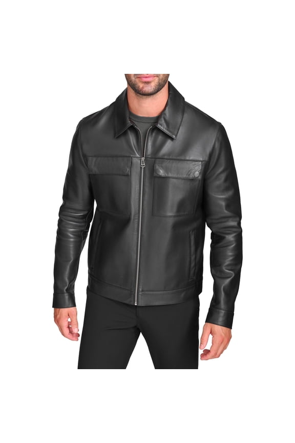 Men's Zip Front Genuine Leather Jacket with Chest Pockets (Black, L)