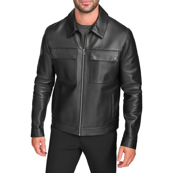 Cole Haan Men's Zip Front Genuine Leather Jacket with Chest Pockets (Black, M)