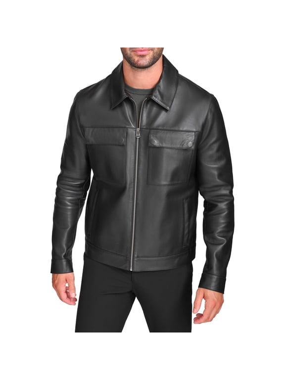 Men's Zip Front Genuine Leather Jacket with Chest Pockets (Black, M)