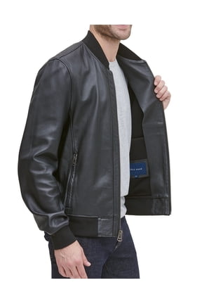 Men's Bonded Varsity Genuine Leather Jacket (Black, S)