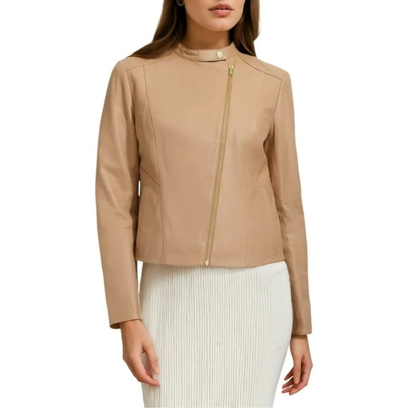 Cole Haan Women's Asymmetric Leather Jacket (Sesame, S)