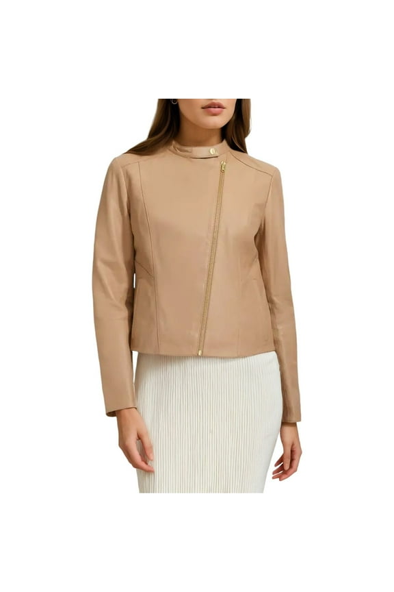Women's Asymmetric Leather Jacket (Sesame, S)