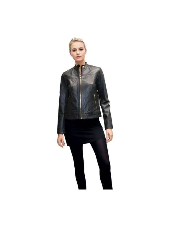 Women's Genuine Leather Jacket, Racer Design, Black, Spring Style (Black, XS)
