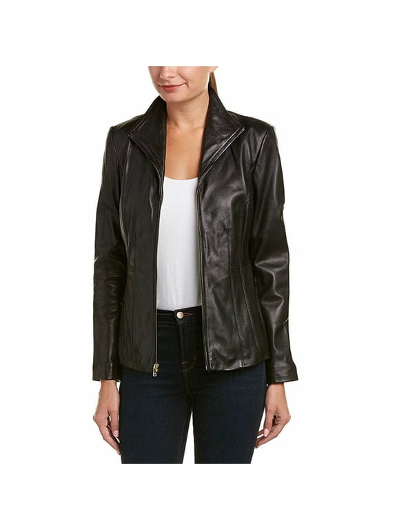 Women's Genuine Leather Jacket with Wing Collar (Black, XXL, Drycleanonly)