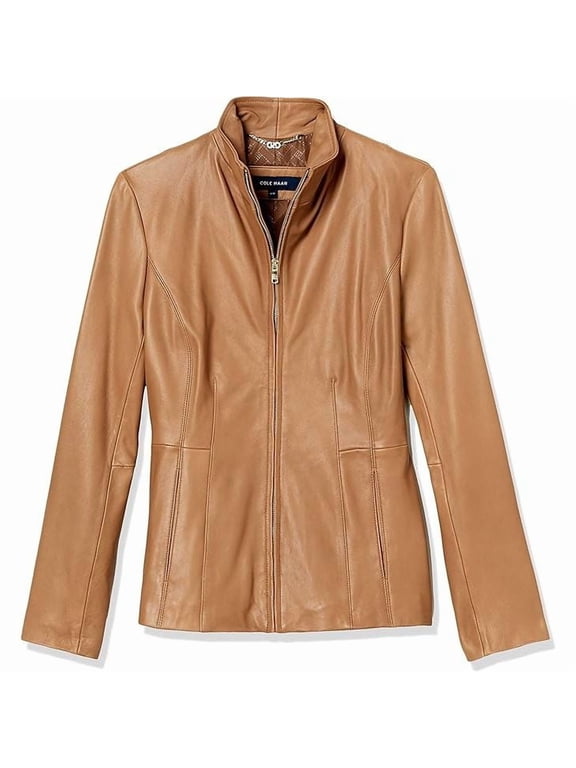 Women's Genuine Leather Jacket with Wing Collar (Cognac, S, Drycleanonly)