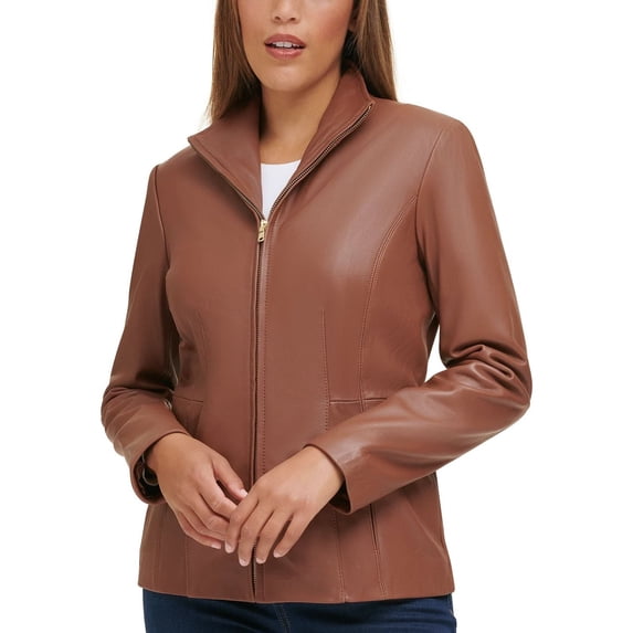 Cole Haan Women's Genuine Leather Jacket with Wing Collar (Hickory, L, Drycleanonly)