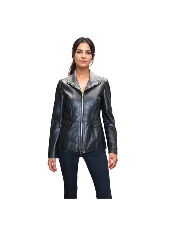 Women’s Inverted Collar Leather Jacket (Black, M)