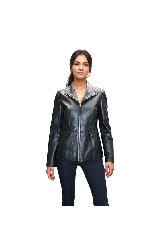 Women’s Inverted Collar Leather Jacket (Black, S)