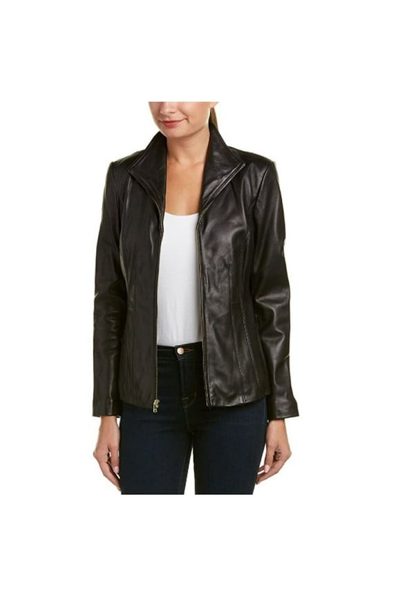 Women's Lambskin Leather Wing Collared Jacket in Black - S