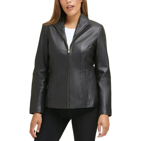 Cole Haan Women's Plus Size Scuba Leather Jacket (Black, 3X)
