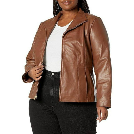Cole Haan Women's Plus Size Scuba Leather Jacket (Hickory, 3X)
