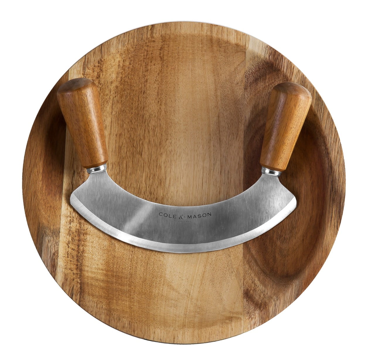 Cole & Mason Ashden Mezzaluna with Acacia Board, Brown Herb Chopper and Cutter, Stainless Steel and Wood 1pc