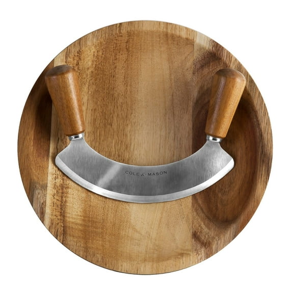 Cole & Mason Ashden Mezzaluna with Acacia Board, Brown Herb Chopper and Cutter, Stainless Steel and Wood 1pc