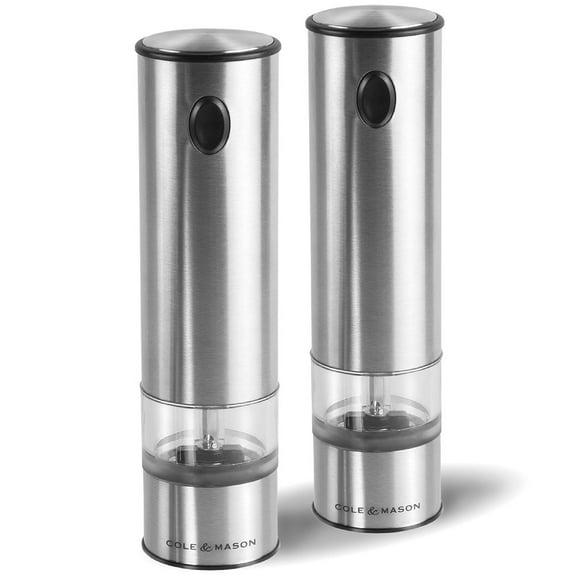 Cole & Mason Battersea Electronic Salt and Pepper Grinder Set, Adjustable Ceramic Mill, Battery Operated, Refillable, Silver, 2-Piece Set