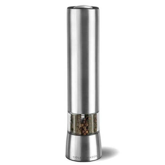 Cole & Mason Mason Battery Powered Pepper Mill Grinder, Silver, Precision Hardened Steel Mechanism