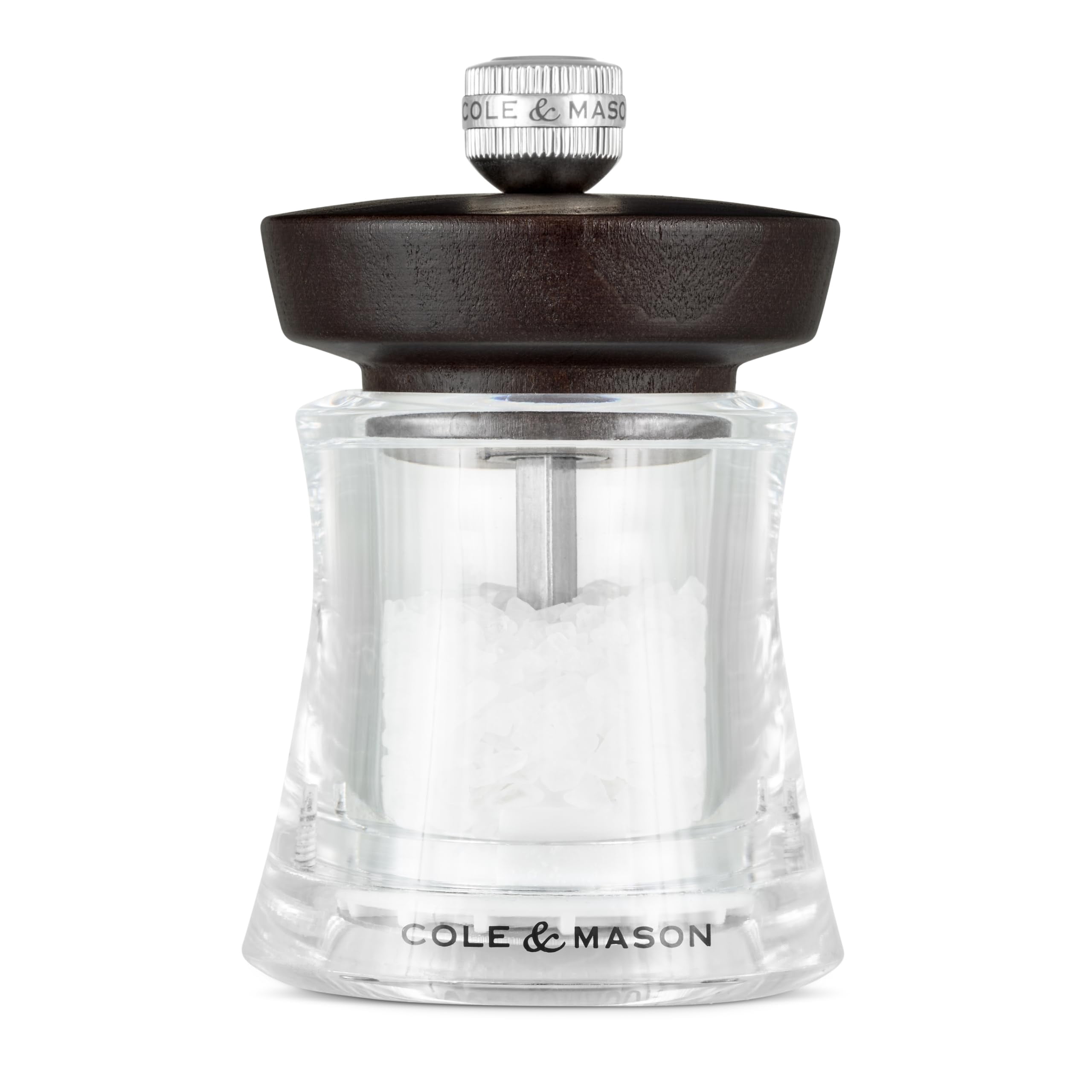 Cole & Mason Holborn Acrylic Salt Mill - Compact Hand Grinder - Acrylic Kitchen Tool with Adjustable Grind Setting - Easy-to-Clean Grinder with Premium Design - Natural Beech Pepper Mill, 3.75"