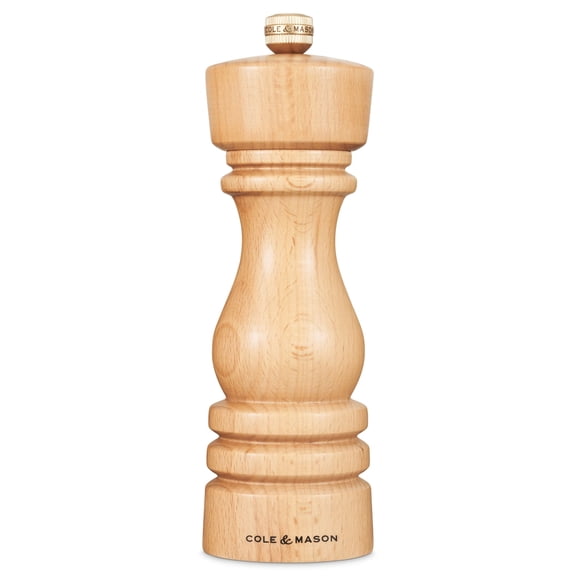 Cole & Mason London Natural Beech Pepper Mill, Precision+ Carbon Mechanism, Pepper Grinder with Adjustable Grind, Beech Wood, 180mm, Seasoning Mill, Lifetime Mechanism Guarantee