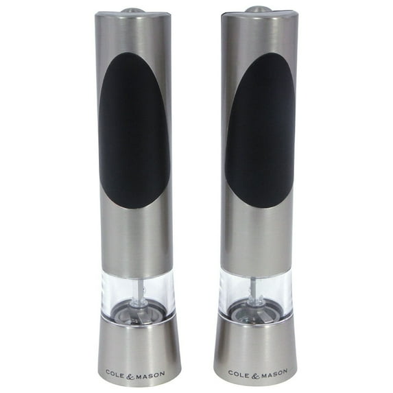 Cole & Mason Richmond Electric Salt and Pepper Mill Set – Battery Operated, One-Handed Use, Adjustable Grind, Stainless Steel Electric Mills