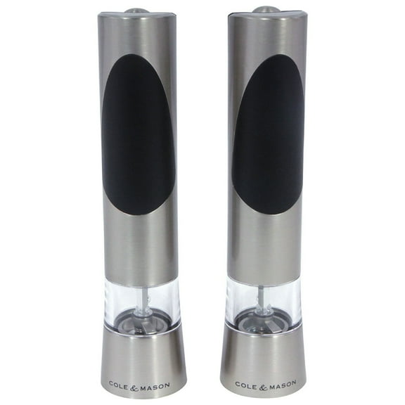 Cole & Mason Richmond Electric Salt and Pepper Mill Set Battery Operated, One-Handed Use, Adjustable Grind, Stainless Steel Electric Mills