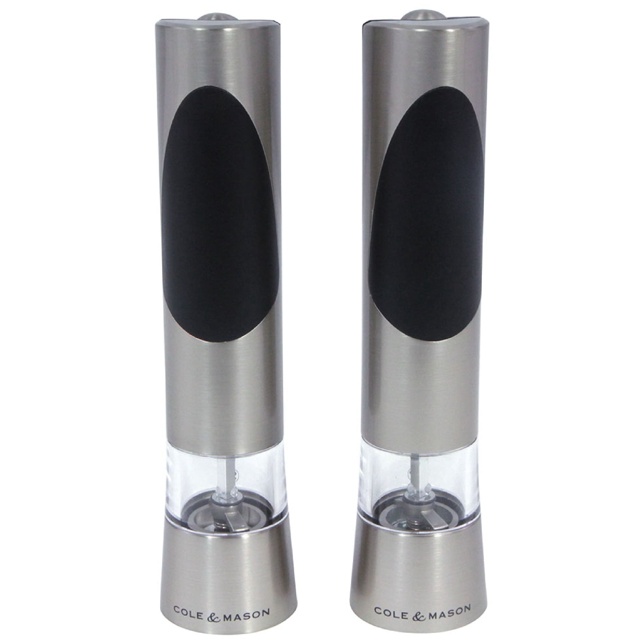 Cole & Mason Adjustable Ceramic Battery-Powered Salt and Pepper Grinder Set, Silver/Black