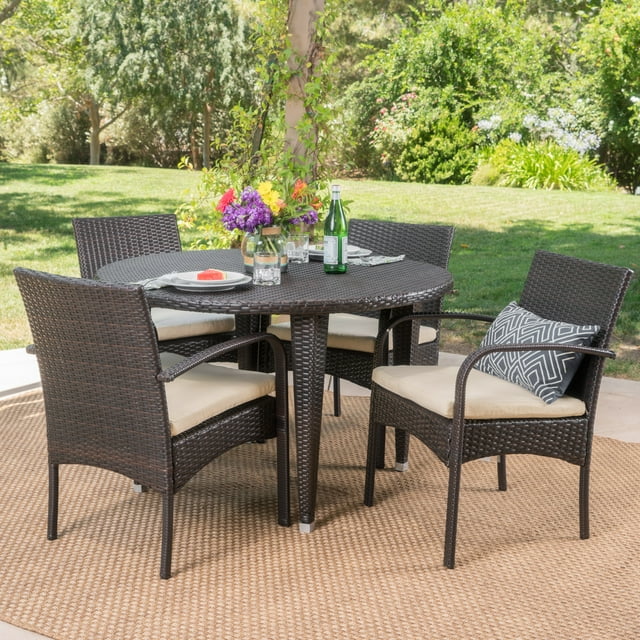 Cole Outdoor 5 Piece Wicker Circular Dining Set with Cushions, Multibrown, Crme