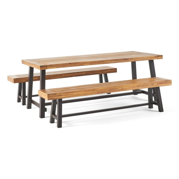 Cole Outdoor Acacia Wood Picnic Dining Set, Teak, Rustic Metal