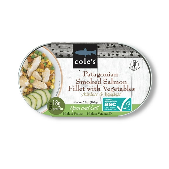 Cole's Open & Eat Patagonian Smoked Salmon Fillet (FISH) with Vegetables, 5.6oz (160g) High in Protein, High in Vitamin D, Skinless and Boneless