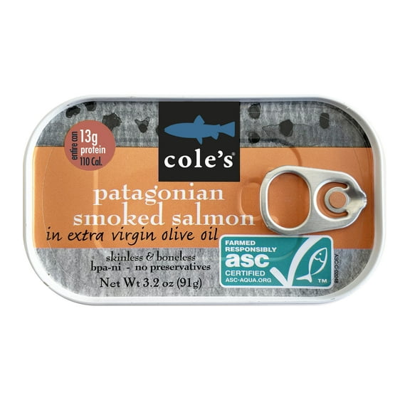Cole’s Patagonian Smoked Salmon in Extra Virgin Olive Oil 3.2 oz – Fish Fillet, High Protein, Canned, Skinless, Boneless, Gluten-Free