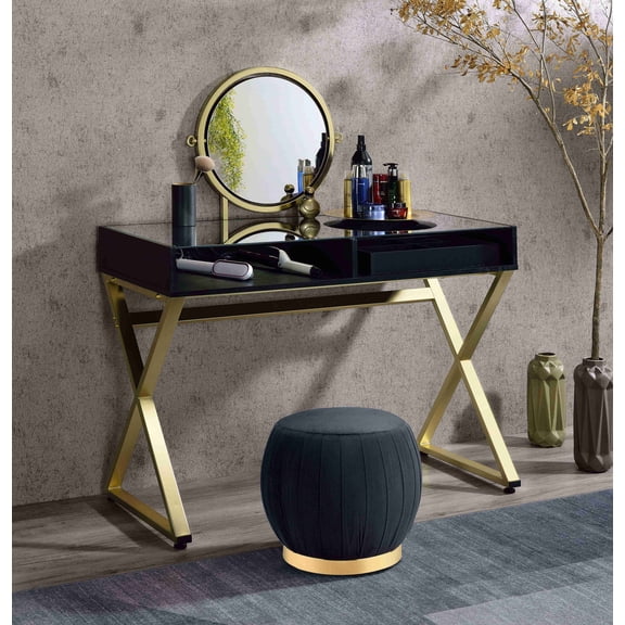 Coleen Black & Gold Finish Vanity Desk W/Mirror & Jewelry Tray On-Site