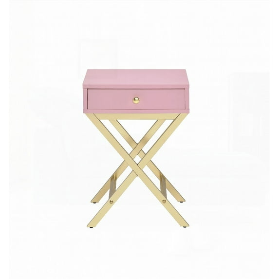 Coleen Pink & Gold Finish Accent Table - Rectangular Wooden Top with Drawer and Chrome Base