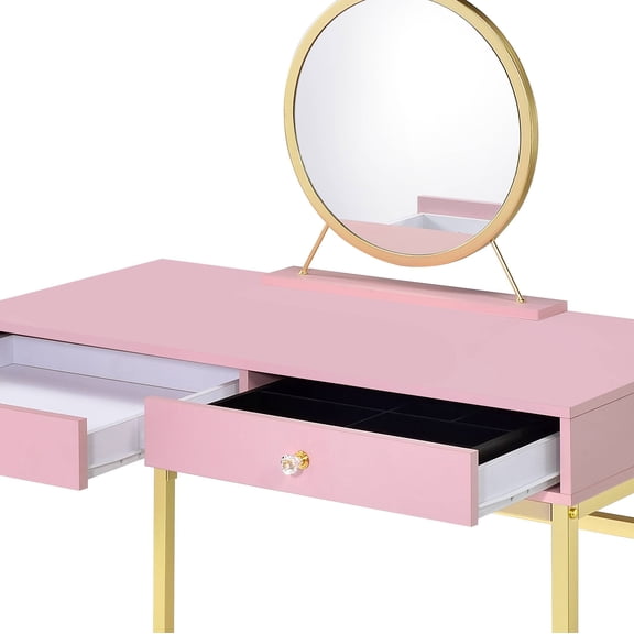 Coleen Pink & Gold Finish Vanity Desk W/Mirror & Jewelry Tray On-Site