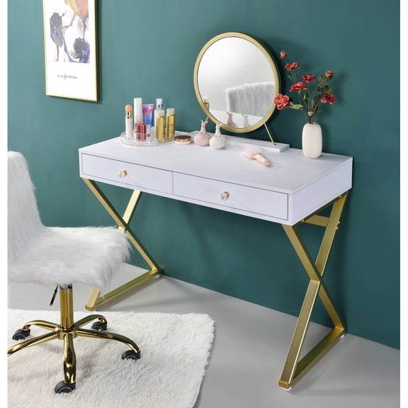 Coleen White  Gold Vanity Desk  Stylish Dressing Table with Mirror  Jewelry Storage Tray