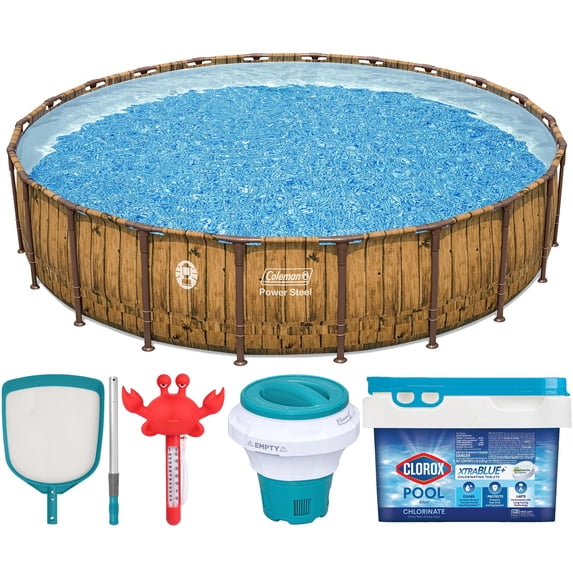 Coleman Power Steel 22 ft. x 52 in. Round Metal Frame Above Ground Pool Set Including Pool Skimmer, Thermometer, Chlorine Dispenser and Refills
