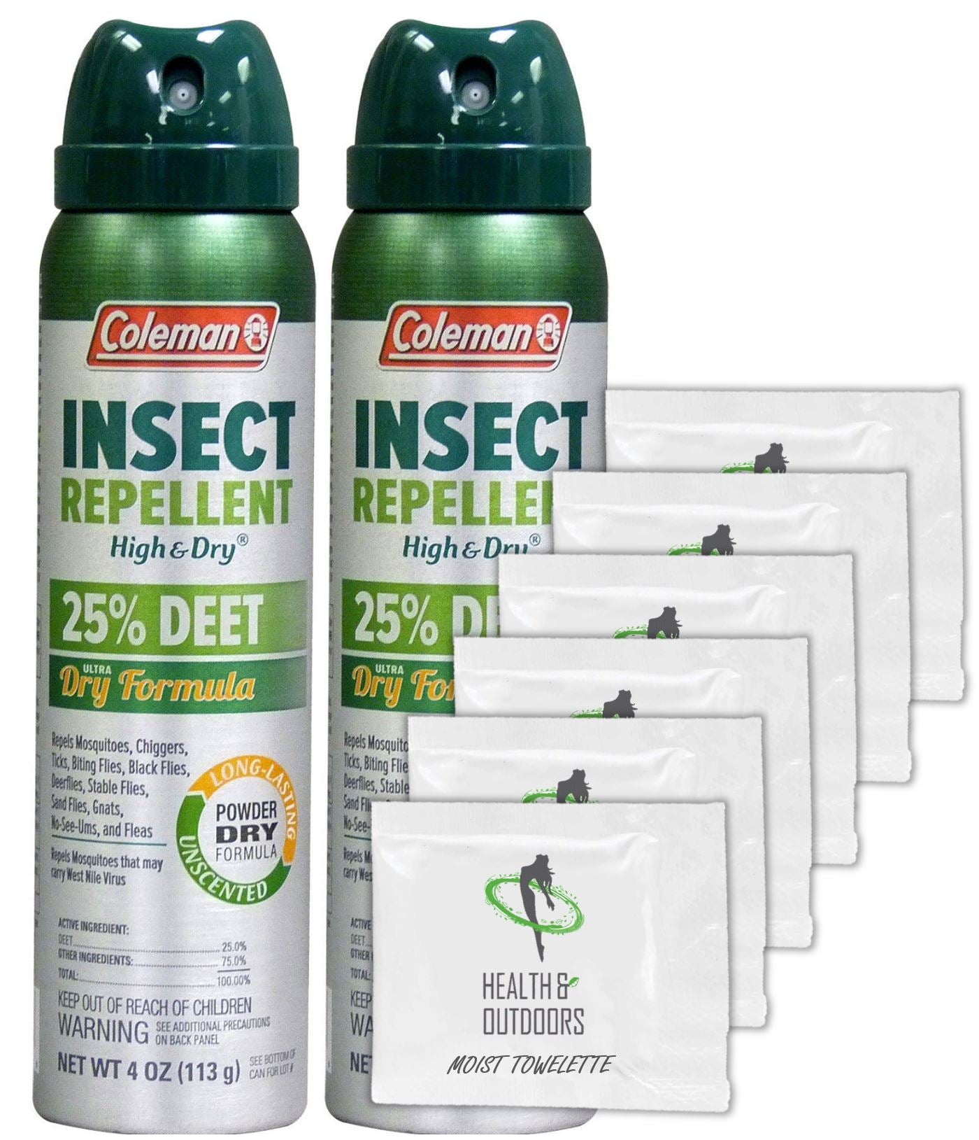Coleman 25% DEET High and Dry Formula, 4 oz, 2 Pack W/ Bonus Moist Towelettes