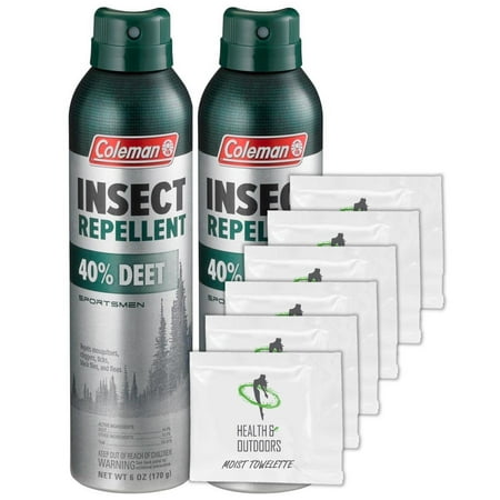 Coleman 40% Deet Insect Repellent Aerosol Can, 6 oz, 2 Pack W/ Bonus Moist Towelettes