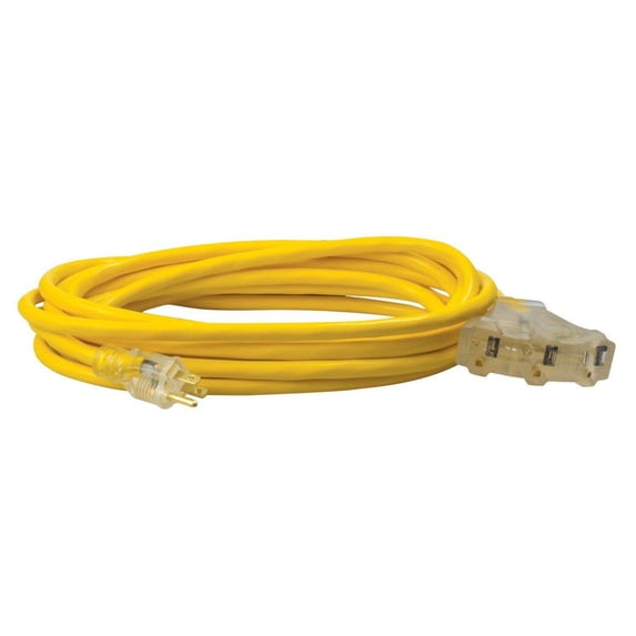 Coleman Cable 04187 25-Foot 12/3 Multi-Outlet Vinyl Extension Cord with Lighted End, Yellow