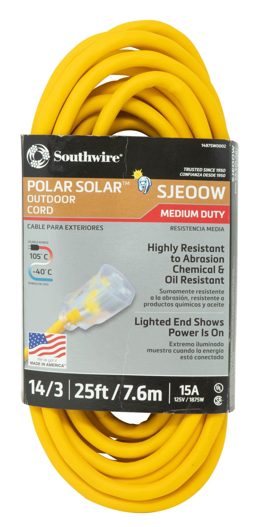 Coleman Cable 1487SW0002 25' 14/3 Gauge Yellow Extra Power Extension Cord