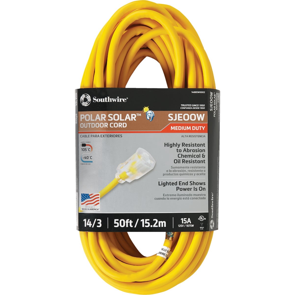 Coleman Cable 14880002 1488SW0002 14/3 Insulated Outdoor Extension Cord with Lighted End, 50-Foot, Feet, Yellow