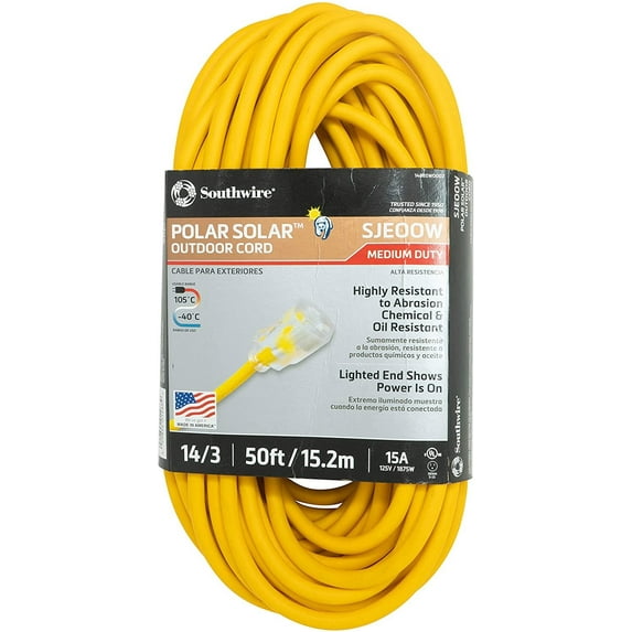 Coleman Cable 14880002 1488SW0002 14/3 Insulated Outdoor Extension Cord with Lighted End, 50-Foot, Feet, Yellow