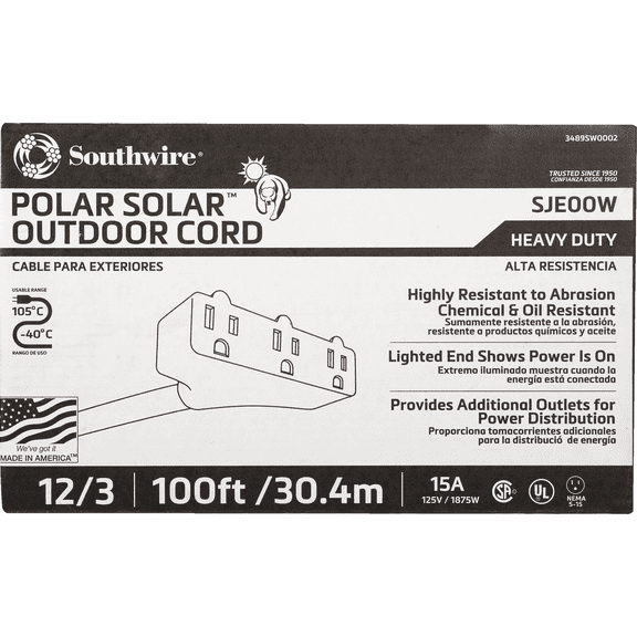 Coleman Cable Polar Solar Cold Weather 3-Outlet Extension Cord - Pack of 2 Indoor & Outdoor Use, NEC-Compliant