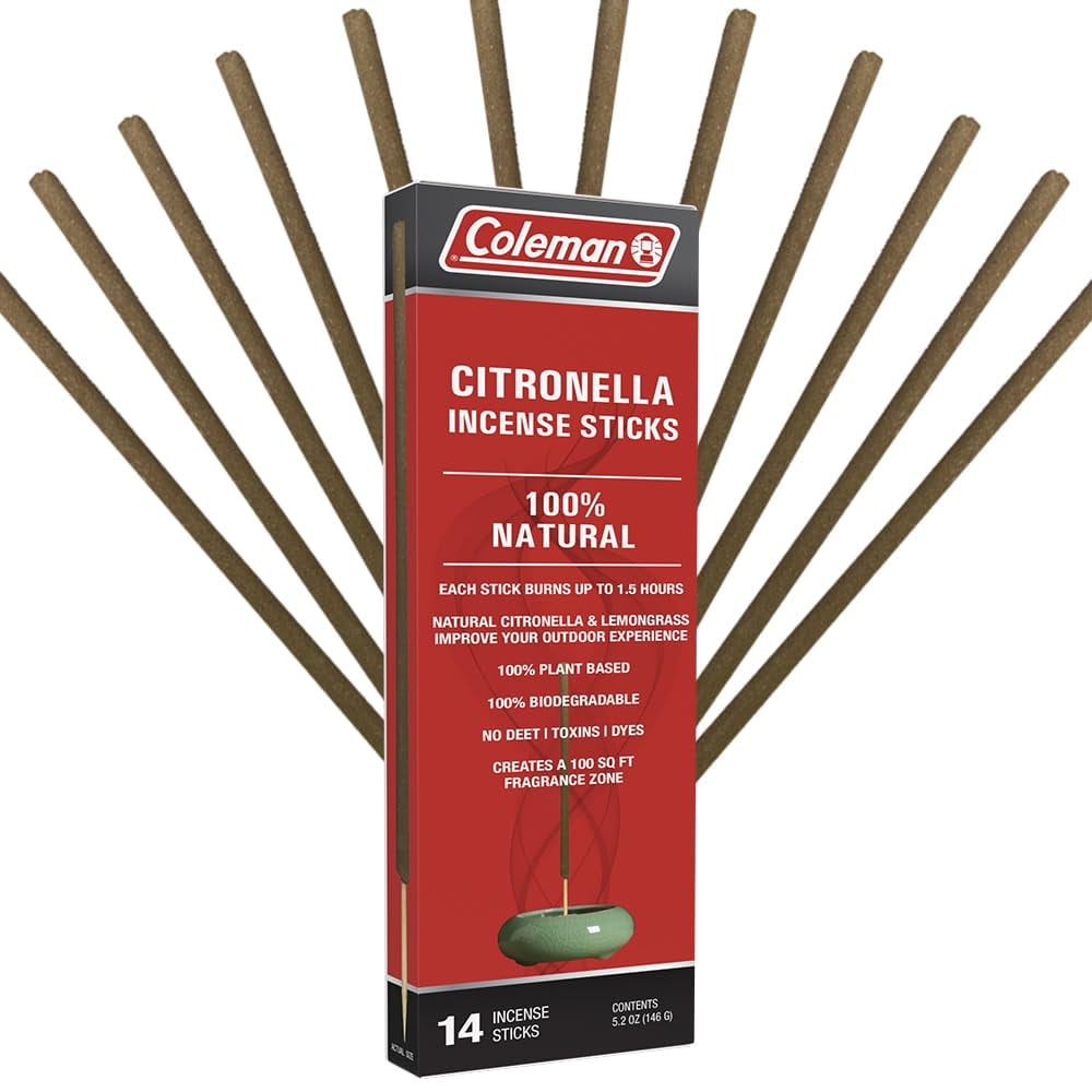 Coleman Citronella Incense Sticks, DEET Free with Natural Citronella and Lemongrass, 100% Plant Based, 100% Biodegradable, Up To 1.5h Burn Time per Stick, 14 Sticks