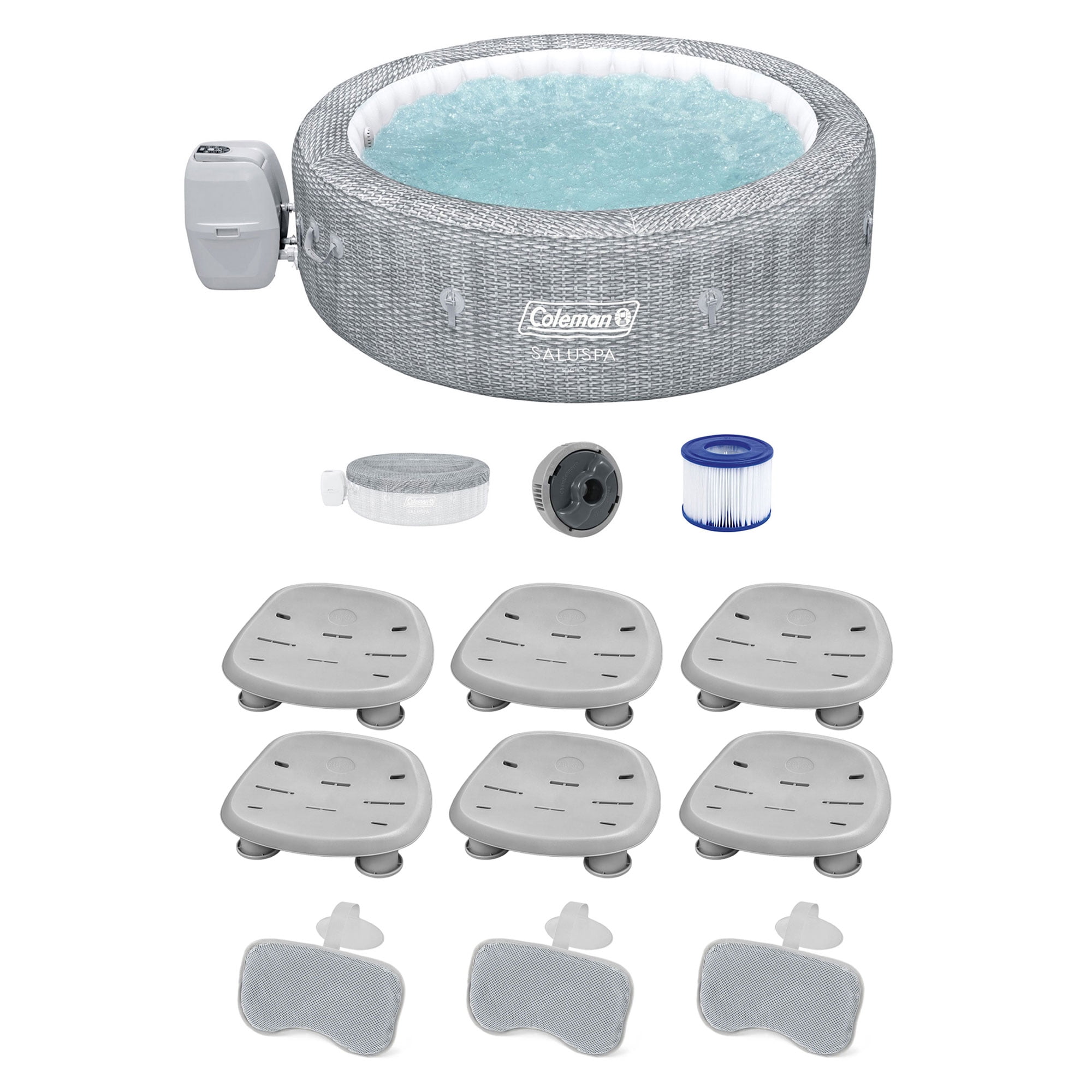 Coleman Hot Tub with 6 Pack Bestway SaluSpa Seat and 3 Headrest Pillows