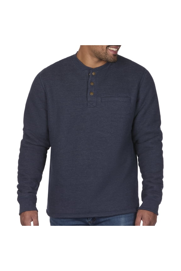Long-Sleeve Sherpa Lined Waffle Henley Shirts For Men (Indigo Heather, Medium)