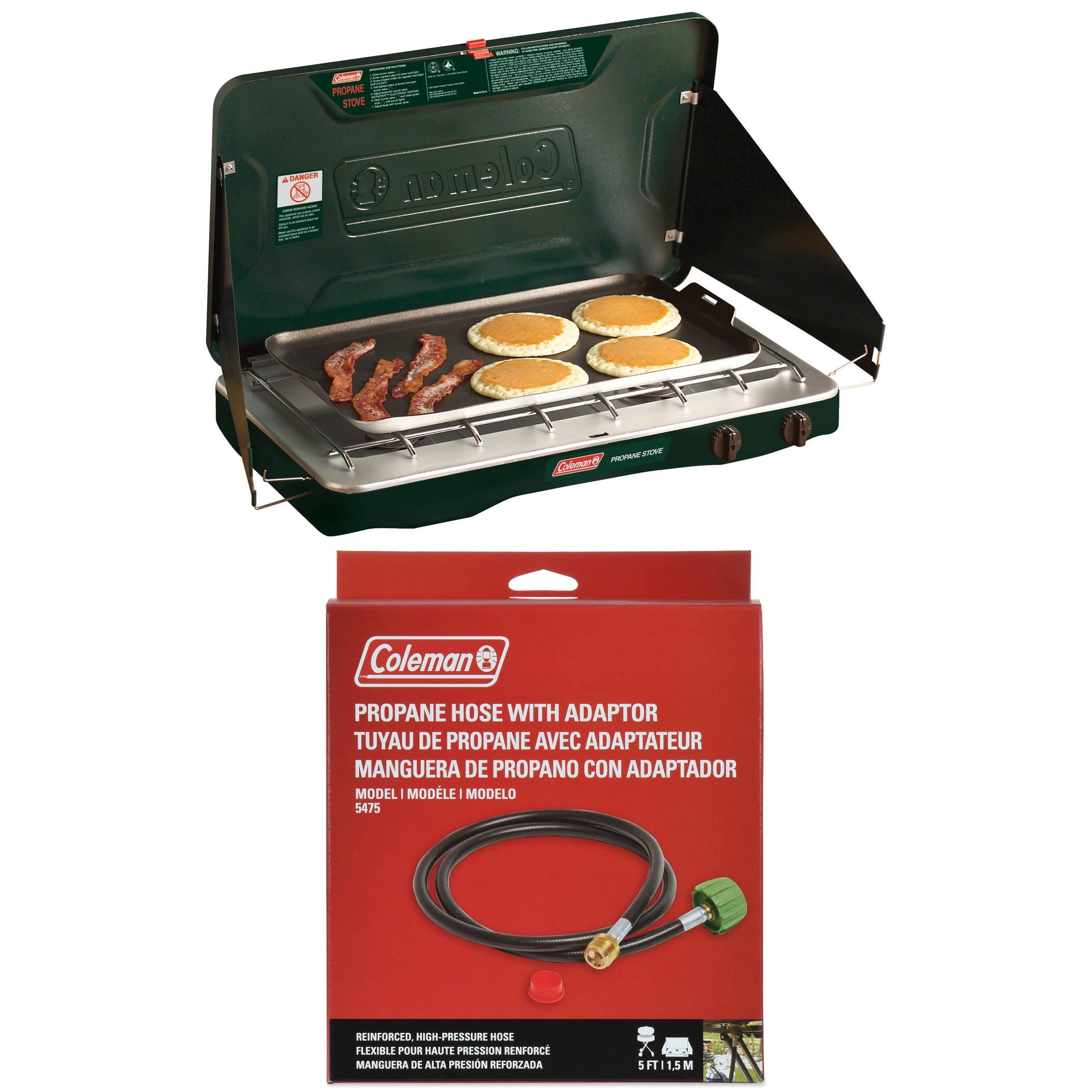 Coleman Matchlight 2-Burner Propane Stove, 10,000 BTU, Black + Coleman High-Pressure Propane Gas Hose and Adapter, 5 Foot Hose, 1 Count
