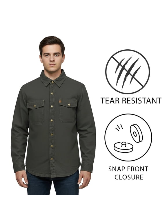 Men's Grey Jacket Fleece Lined Snap Closure Durable Canvas Shirt