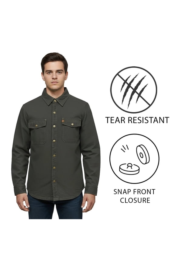 Men's Grey Jacket Fleece Lined Snap Closure Durable Canvas Shirt