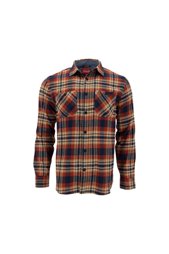 Men's Long-Sleeve Flannel Shirt Midweight Western Plaid Button-Down (Rust/Navy, Large)