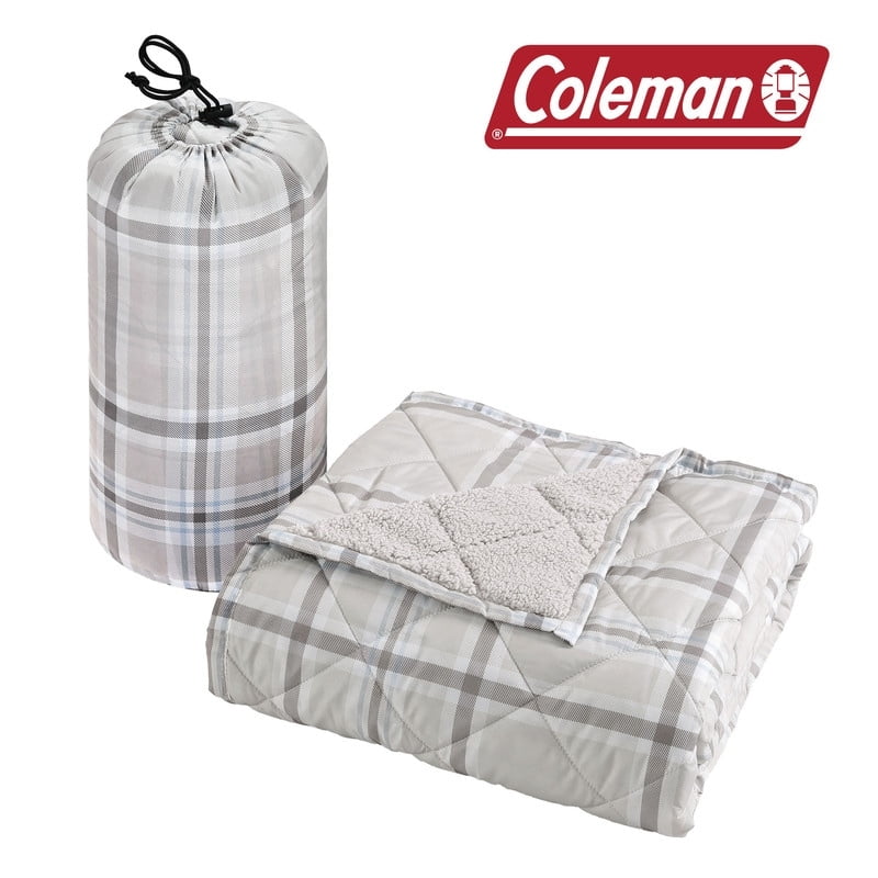 Taupe Plaid Sherpa Reversible Water Resistant Outdoor Throw Blanket