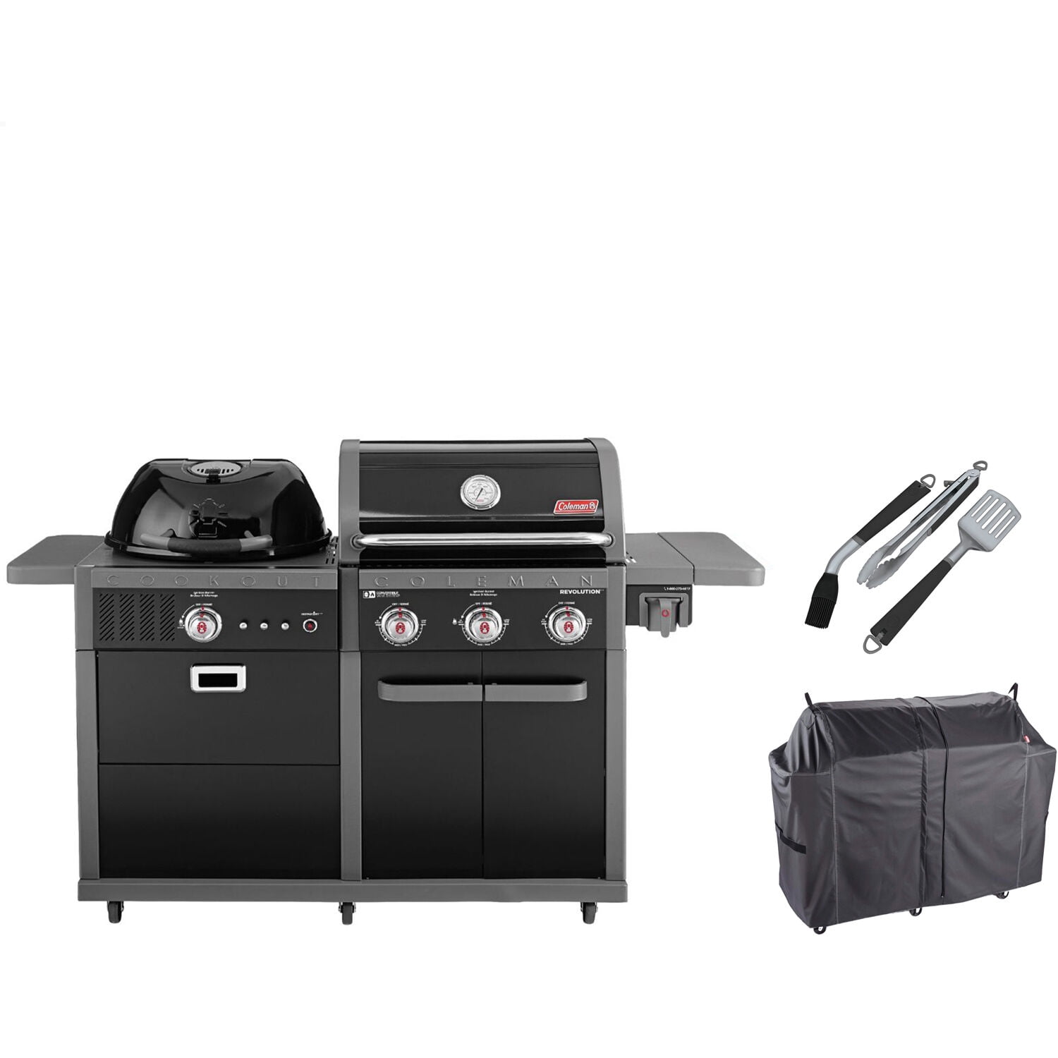 Coleman Revolution Dual Fuel Grilling Kit with 3-Burner Propane Gas BBQ Grill, Charcoal Kettle Grill, Heavy-Duty Cover, and 3-Piece Tool Set
