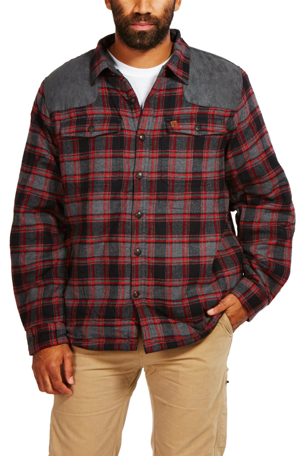 Coleman Sherpa Lined Flannel Shirt Jacket With Faux Suede Shoulder Patches XL Grey Black Red
